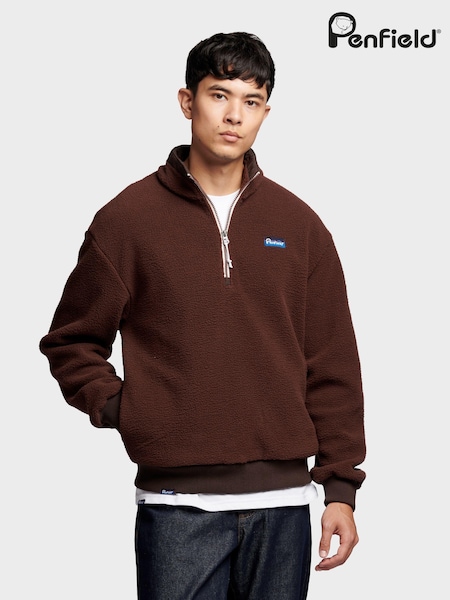 Penfield Brown Mens Quarter Zip funnel Neck Fleece Sweatshirt (AU2463) | £90