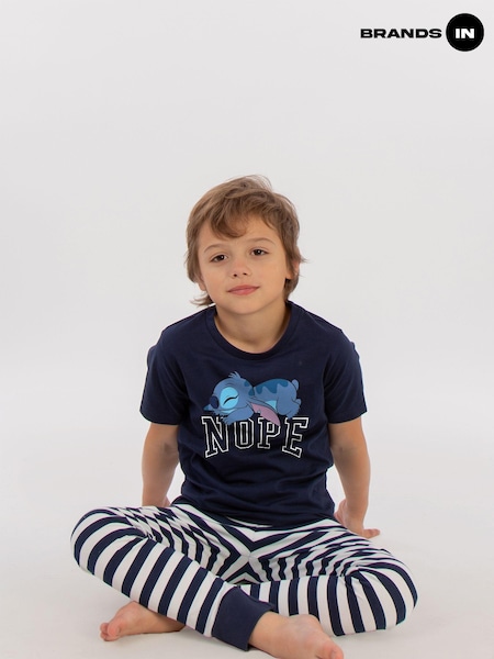 Brands In Blue Boys 100% Cotton Disney Lilo And Stitch Nope Stripes Pyjamas (AU2468) | £22