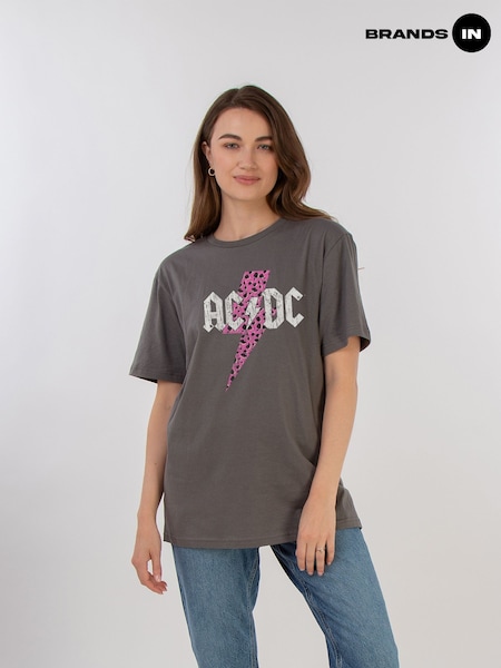 Brands In Grey ACDC Leopard Pink Women Charcoal Boyfriend Fit Music T-Shirt (AU2469) | £26