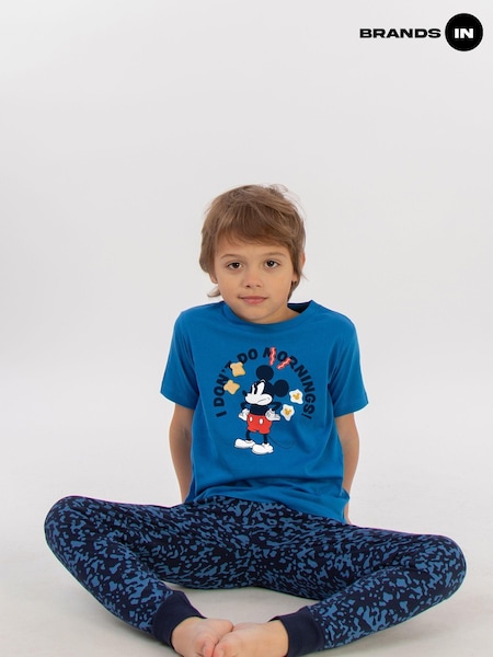 Brands In Blue Boys 100% Cotton Disney Mickey Mouse I Don't Do Mornings Royal Camo Pyjamas (AU2470) | £22