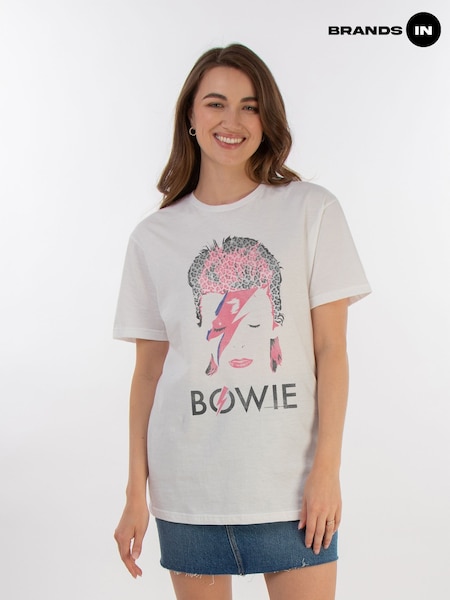 Brands In White David Bowie Aladdin Sane Leopard Women Boyfriend Fit Music T-Shirt (AU2475) | £26