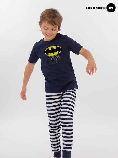 Brands In Blue Boys DC Comics Batman Drip Logo Stripes 100% Cotton Pyjamas (AU2485) | £22