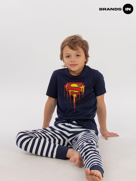 Brands In Blue Boys 100% Cotton DC Comics Superman Drip Logo Stripes Pyjamas (AU2495) | £22