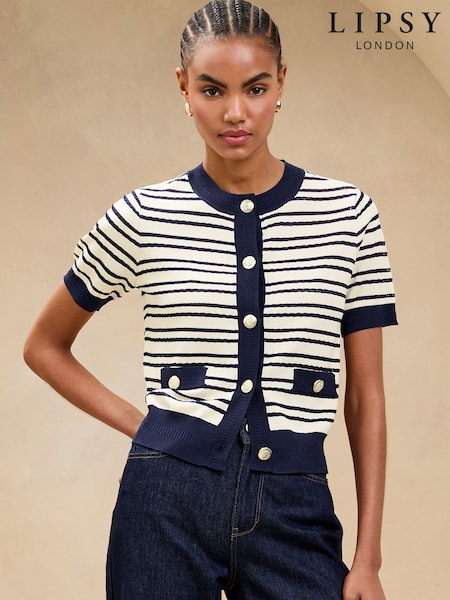 Lipsy Navy Pointelle Stitch Knit Short Sleeve Button Cardigan (AU2500) | £39