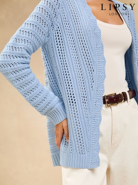 Lipsy Blue Knitted Pretty Stitch Crochet Long Cardigan (AU2503) | £44