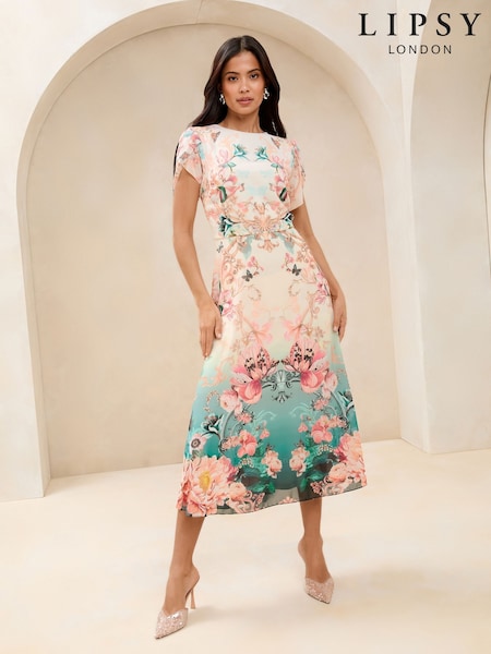 Lipsy White Printed Ombre Floral Tulip Sleeve Fit And Flare Midi Dress (AU2504) | £76