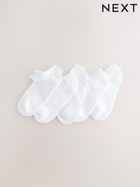 White Cotton Rich Trainer Ruffle Socks 5 Pack with Cushioned Soles (AU2577) | £10.50 - £12