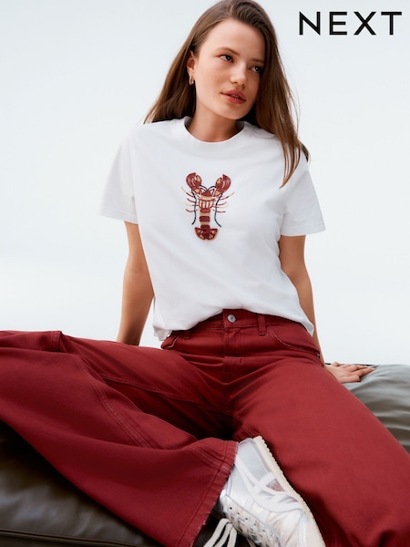 White Short Sleeve Lobster Embelished 100% Cotton T-Shirt (AU2582) | £25