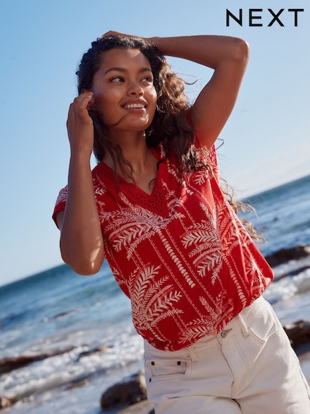 Red/Ecru Short Sleeve Lace V-Neck Bubblehem 100% Cotton Top (AU2584) | £14.50