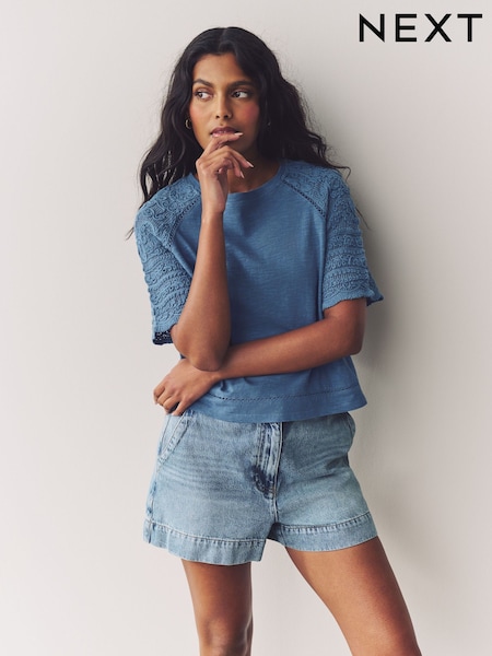 Blue Crochet Short Sleeve 100% Cotton T-Shirt (AU2588) | £24
