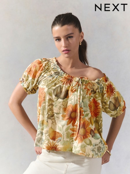 Yellow/White Floral Short Sleeve Ruched Neck Jersey 100% Cotton Blouse (AU2603) | £18