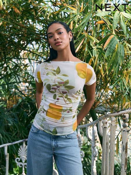 Green/Ecru Short Sleeve Ruched Mesh Top (AU2604) | £24