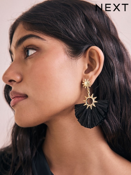 Black Straw Look Sun Statement Earrings (AU2679) | £12.50