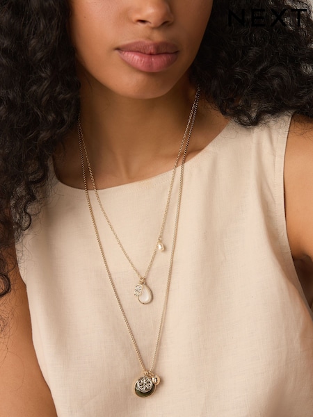 Gold Tone Two Layer Pearl Effect Pendant Necklace (AU2711) | £16