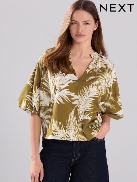 Green/Ecru Palm 100% Cotton Volume Sleeve V-Neck Blouse (AU3120) | £28