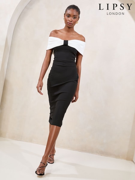 Lipsy Black Twist Front Bardot Bodycon Midi Dress (AU3157) | £69