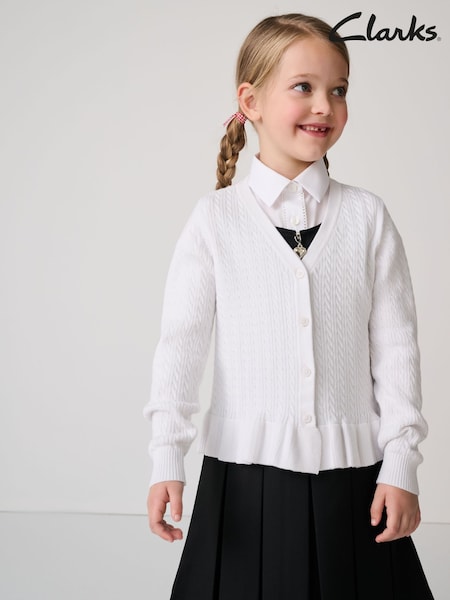 Clarks White Girls Cable Knit Frill School Cardigan (AU3475) | £16 - £20