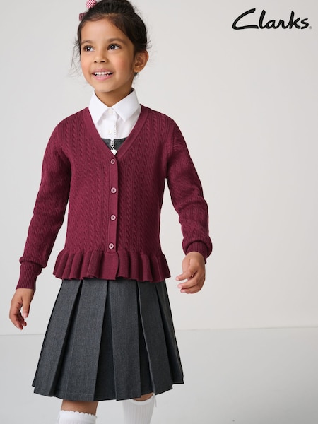 Clarks Burgundy Red Girls Cable Knit Frill School Cardigan (AU3482) | £16 - £20