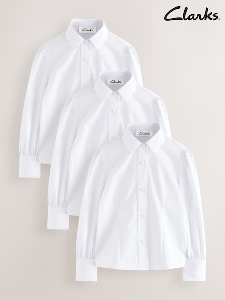 Clarks White Girls Fitted Long Sleeve School Shirts 3 Pack (AU3584) | £32 - £39
