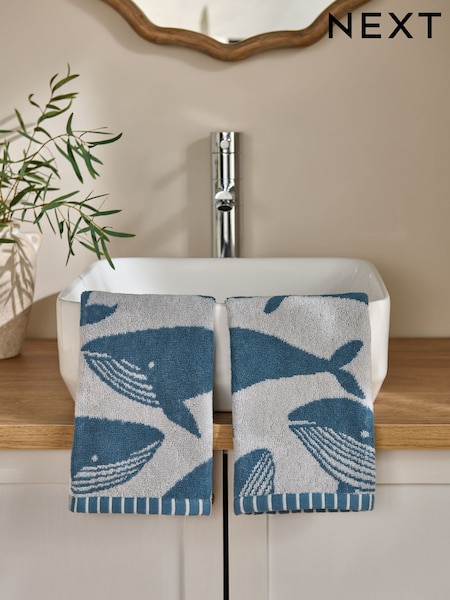 Set of 2 Blue 100% Cotton Whale Face Cloth (AU3607) | £6