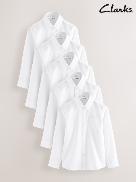 Clarks White Boys Long Sleeve School Shirts 5 Pack (AU3633) | £34 - £43