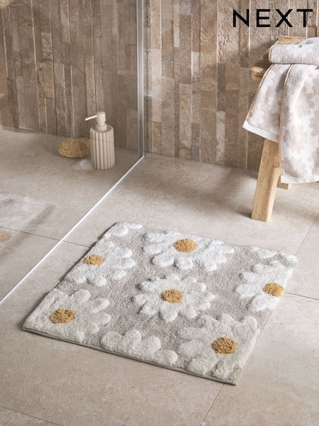 Natural Grey Daisy Shower 100% Cotton Bathmat (AU3653) | £12