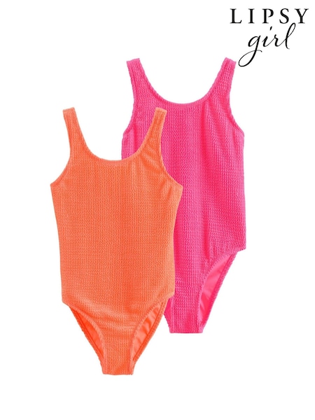 Lipsy Pink/Orange 2 Pack Scoop Neck Textured Swimsuits (5-16yrs) (AU3715) | £30 - £46