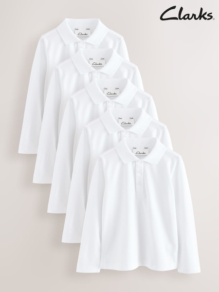 Clarks White Boys Long Sleeve School Polo Shirts 5 Pack (AU3726) | £30 - £37
