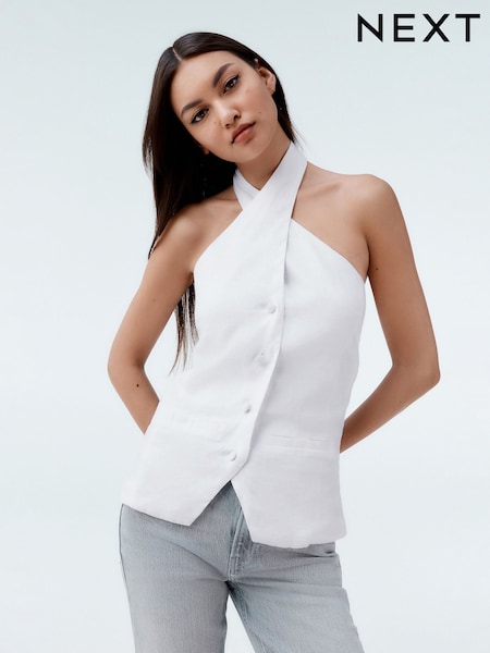 White 100% Linen Button Down Halter Top (AU3769) | £42