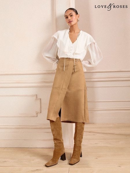 Love & Roses Camel Faux Suede Wrap Midi Skirt (AU3794) | £46