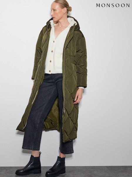 Monsoon Green Phoebe Fleece Quilted Puffer Coat (AU3912) | £175