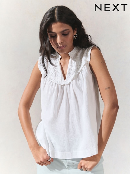 White Woven Mix V-Neck Embroidered Frill Sleevless Top (AU3994) | £26