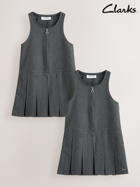 Clarks Grey Girls Zip Front Pleated School Pinafores 2 Pack (AU4057) | £24 - £28
