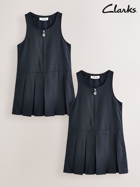 Clarks Navy Girls Zip Front Pleated School Pinafores 2 Pack (AU4059) | £24 - £28