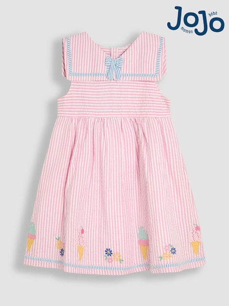 JoJo Maman Bébé Pink Ice Cream Applique Seersucker Sailor Baby Dress (AU4141) | £28 - £29