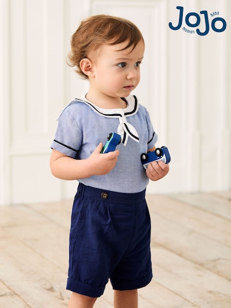 JoJo Maman Bébé Navy 100% Cotton Sailor Collar Body & Shorts Set 2 Piece (AU4147) | £30 - £32