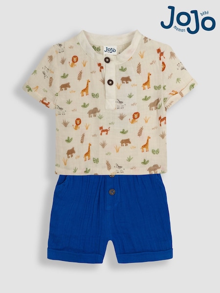 JoJo Maman Bébé Ecru Safari Friends 2-Piece Cheesecloth T-Shirt & Shorts Set (AU4152) | £28 - £30