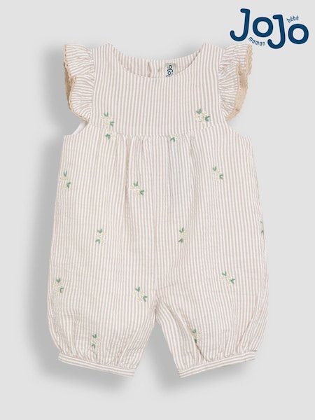 JoJo Maman Bébé Natural Daisy Striped Seersucker Pretty Ruffle Shoulder Embroidered Sunsuit (AU4160) | £23 - £24