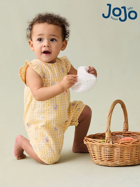 JoJo Maman Bébé Yellow Bunny Gingham Pretty Ruffle Shoulder Embroidered Sunsuit (AU4162) | £23 - £24