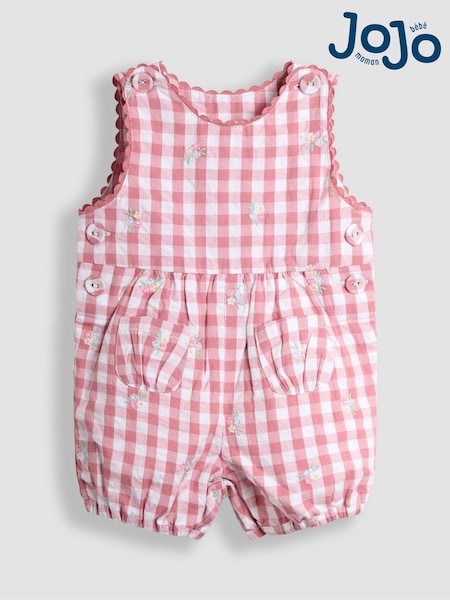 JoJo Maman Bébé Pink Floral Embroidered Gingham Dungarees (AU4164) | £25 - £26