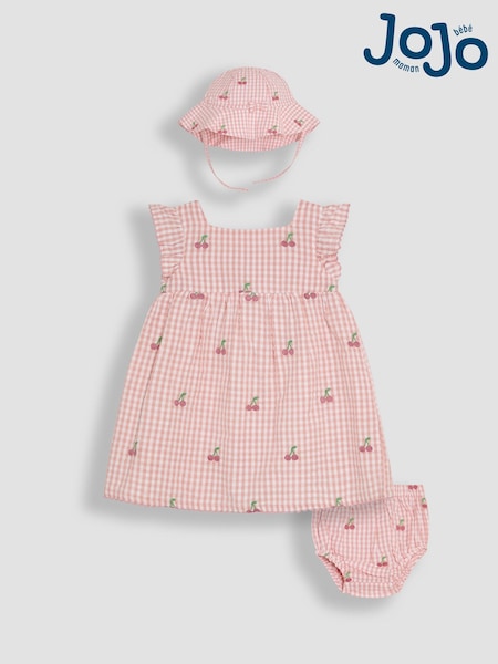 JoJo Maman Bébé Pink Cherry Embroidered Frill Shoulder Baby Dress Knicker and Hat Set 3 Piece (AU4189) | £30 - £32