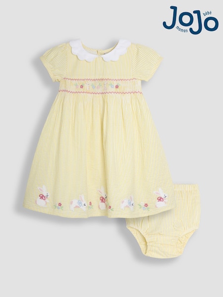 JoJo Maman Bébé Yellow Bunny Seersucker Appliqué Smocked Dress (AU4225) | £32 - £36