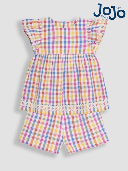 JoJo Maman Bébé Rainbow 2-Piece Gingham Angel Sleeve Blouse & Shorts Set (AU4235) | £30 - £34