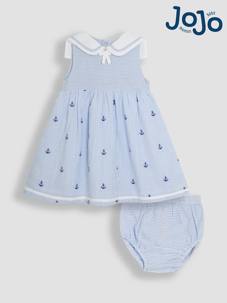 JoJo Maman Bébé Blue Nautical Embroidered Seersucker Sailor Baby Dress (AU4236) | £28 - £29