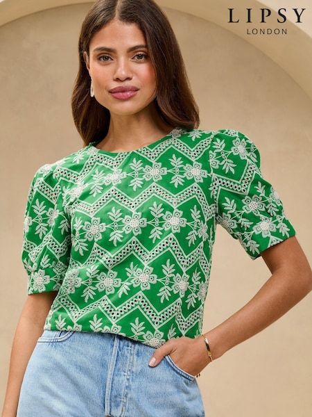 Lipsy Green Embroidered Floral Puff Sleeve T-Shirt (AU4300) | £40