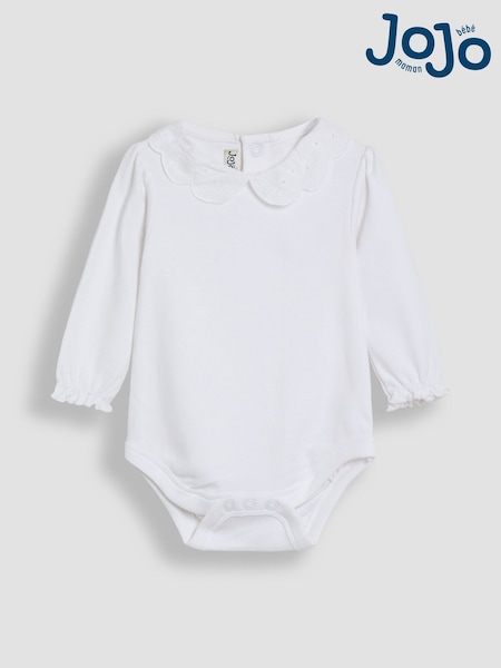 JoJo Maman Bébé White Broderie Collar Long Sleeve Body (AU4583) | £14 - £15