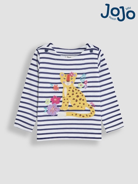 JoJo Maman Bébé White Navy Stripe Cheetah Appliqué Top (AU4584) | £17 - £20