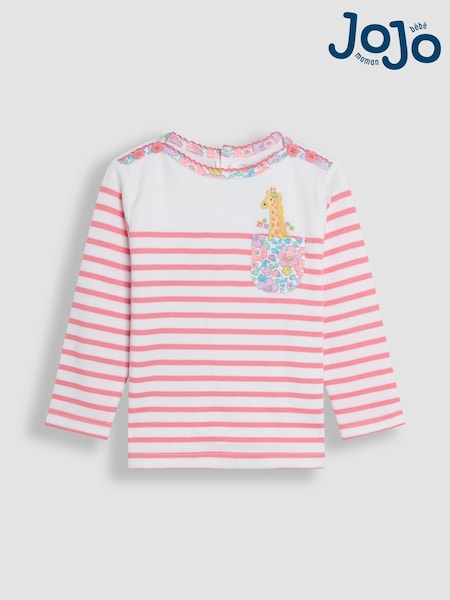 JoJo Maman Bébé Coral Pink Giraffe Appliqué Pocket Breton Top (AU4596) | £15 - £18