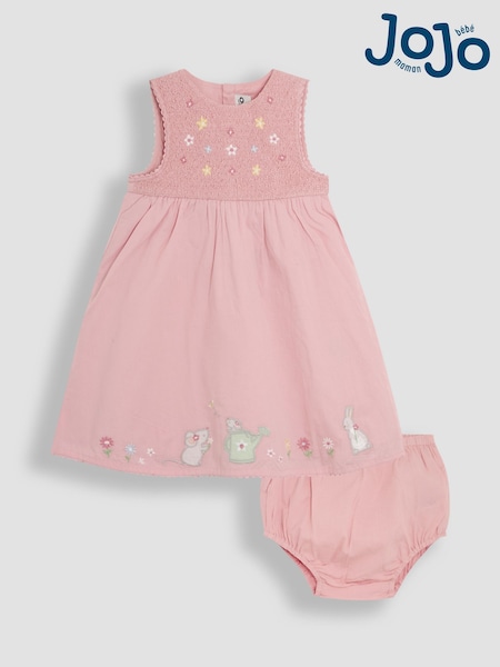 JoJo Maman Bébé Pink Garden Mouse Baby Appliqué 100% Cotton Dress (AU4600) | £27 - £29