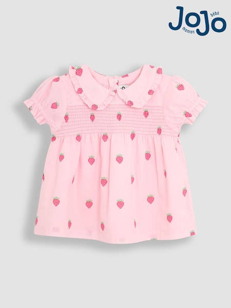 JoJo Maman Bébé Pink Strawberry Peter Pan Collar Smocked Blouse (AU4602) | £18 - £21